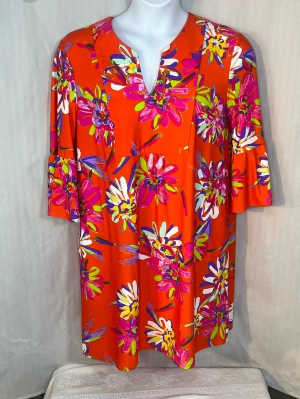 Jude Connally Dress Orange Floral Notched V Neck 3/4 Sleeves w/Flutter Cuff L 👍